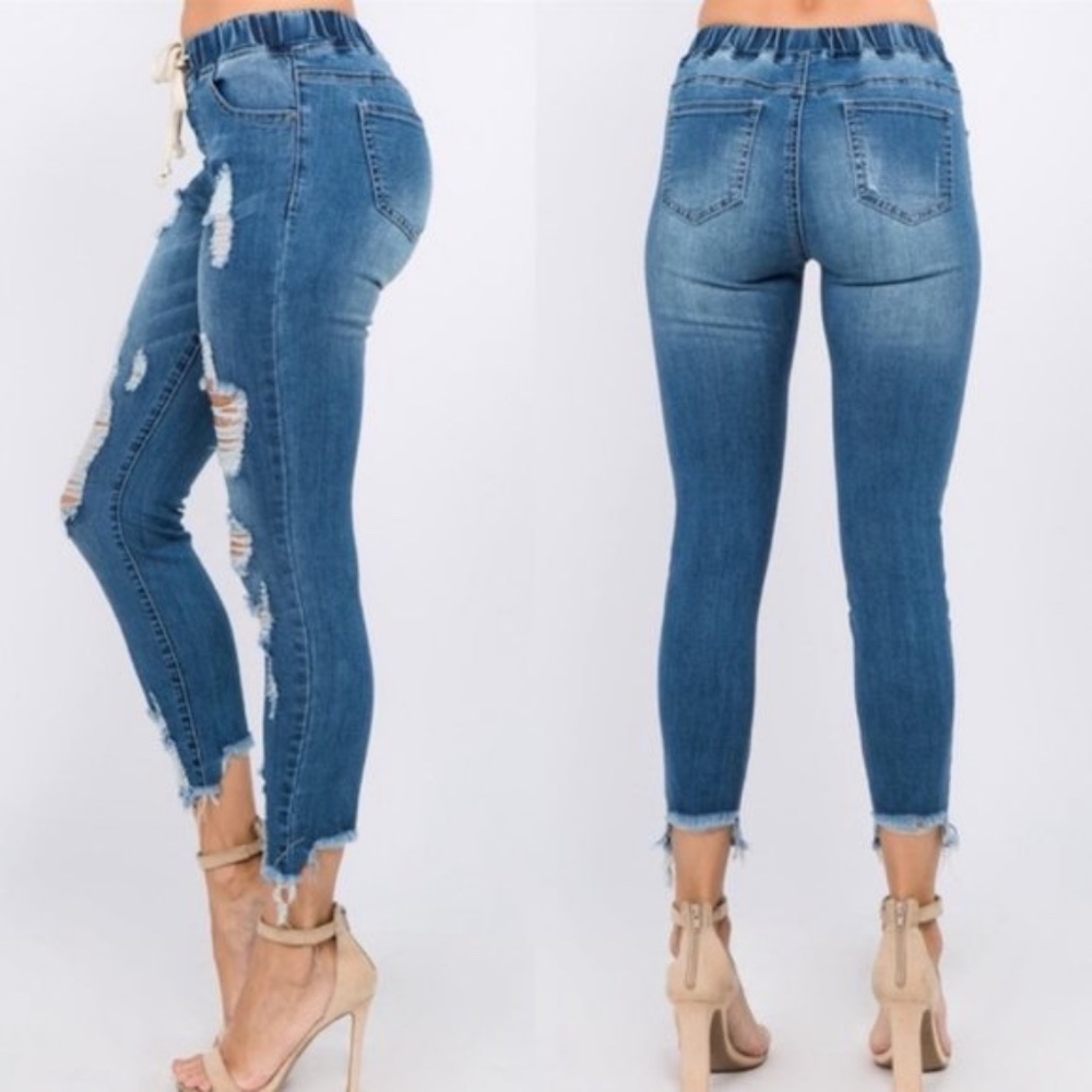 Plus Dark Wash Denim Distressed Skinny Joggers - Picture 5 of 6